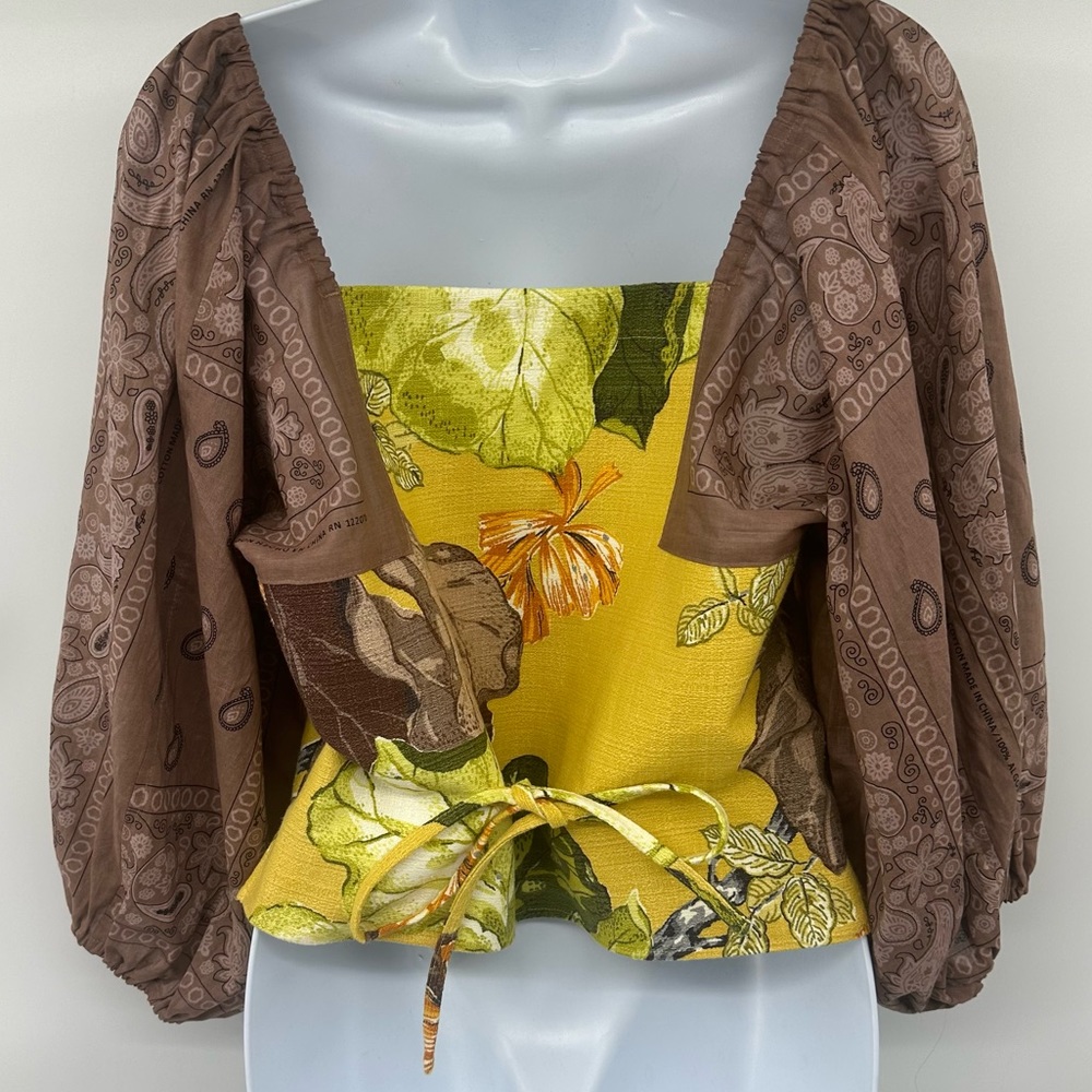 Selina Sanders Custom Made Barkcloth Hand Dyed Floral Top Bandana Sleeves NWOT - Picture 8 of 12